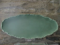 Coral Rimmed Oval Platter Celadon Glaze White Stoneware